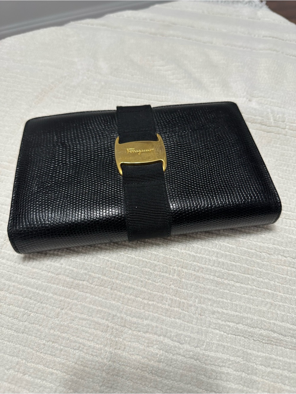 Salvatore Ferragamo Black Leather Card & Key Holder with Gold Buckle